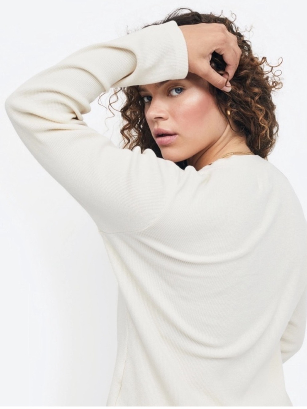 Mate the Label Harper Henley Top Thermal Oranic Waffle Knit Crew Bone White M - Picture 13 of 14